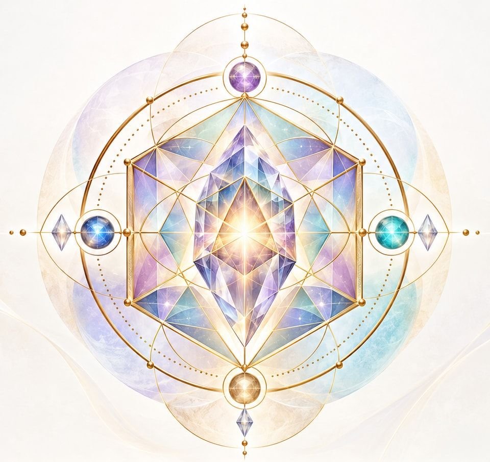 Símbolo da Matriz Cristalina Pessoal: geometria sagrada com um cristal ao centro